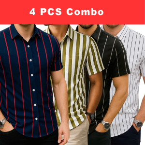 4 Pcs Half Sleeve Print Shirt- Blue Red+Lemon+Black Big+White small
