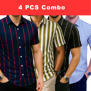 4 Pcs Half Sleeve Print Shirt- Blue Red+Lemon+Black Big+Sky small