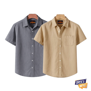 2 Pcs Kaizar Half Sleeve Shirt- Ash-+-Khaki