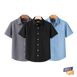 3 Pcs Kaizar Half Sleeve Shirt- Ash+Black+Sky