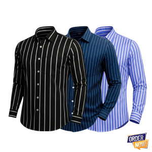 3 Pcs Stripe Full Sleeve Shirt- BlackBig+NavySmall+SkySmall