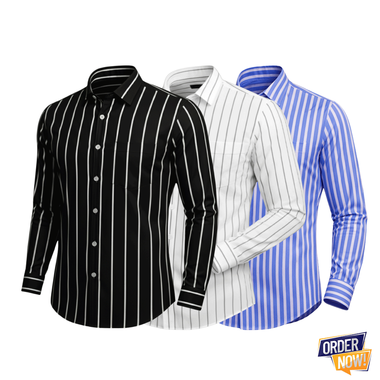 3 Pcs Stripe Full Sleeve Shirt- BlackBig+WhiteSmall+SkySmall
