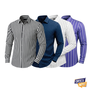 4 Pcs Stripe Full Sleeve Shirt- (Black+Navy+White)Small+Lavender