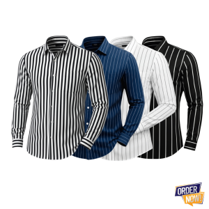 4 Pcs Stripe Full Sleeve Shirt- (Black+Navy+White)Small+BlackBig