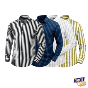 4 Pcs Stripe Full Sleeve Shirt- (Black+Navy+White) Small+Lavender