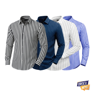 4 Pcs Stripe Full Sleeve Shirt- (Black+Navy+White+Sky) Small