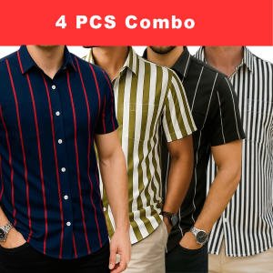 4 Pcs Half Sleeve Print Shirt- Blue Red+Lemon+Black Big+Black small