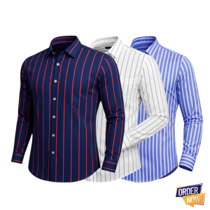 3 Pcs Stripe Full Sleeve Shirt- BlueRedBig+WhiteSmall+SkySamall