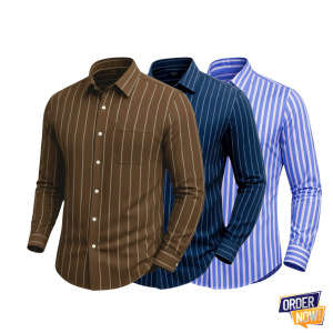 3 Pcs Stripe Full Sleeve Shirt- Brown+NavySmall+SkySmall