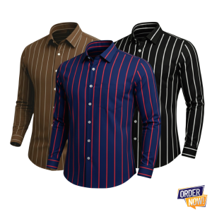 3 Pcs Stripe Full Sleeve Shirt- Brown+BlueRedBig+BlackBig