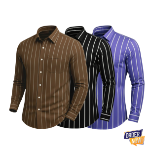 3 Pcs Stripe Full Sleeve Shirt- Brown+Lavender+BlackBig