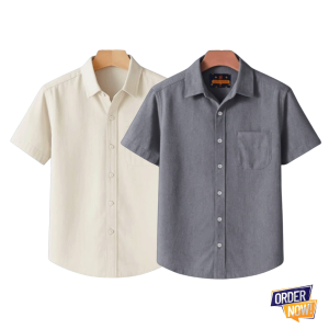 2 Pcs Kaizar Half Sleeve Shirt- Cream-+-Ash