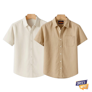 2 Pcs Kaizar Half Sleeve Shirt- Cream-+-Khaki
