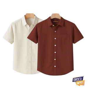 2 Pcs Kaizar Half Sleeve Shirt- Cream-+-Tama