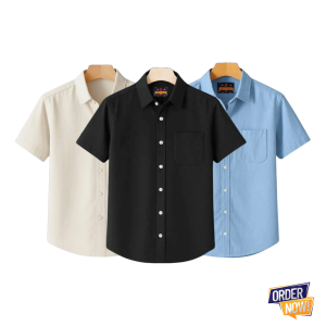 3 Pcs Kaizar Half Sleeve Shirt- Cream+Black+Sky