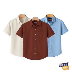 3 Pcs Kaizar Half Sleeve Shirt- Cream+Tama+Sky
