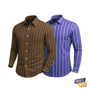 2 Pcs Stripe Full Sleeve Shirt- Lavender+Brown