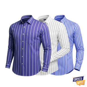 3 Pcs Stripe Full Sleeve Shirt- Lavender+WhiteSmall+SkySmall