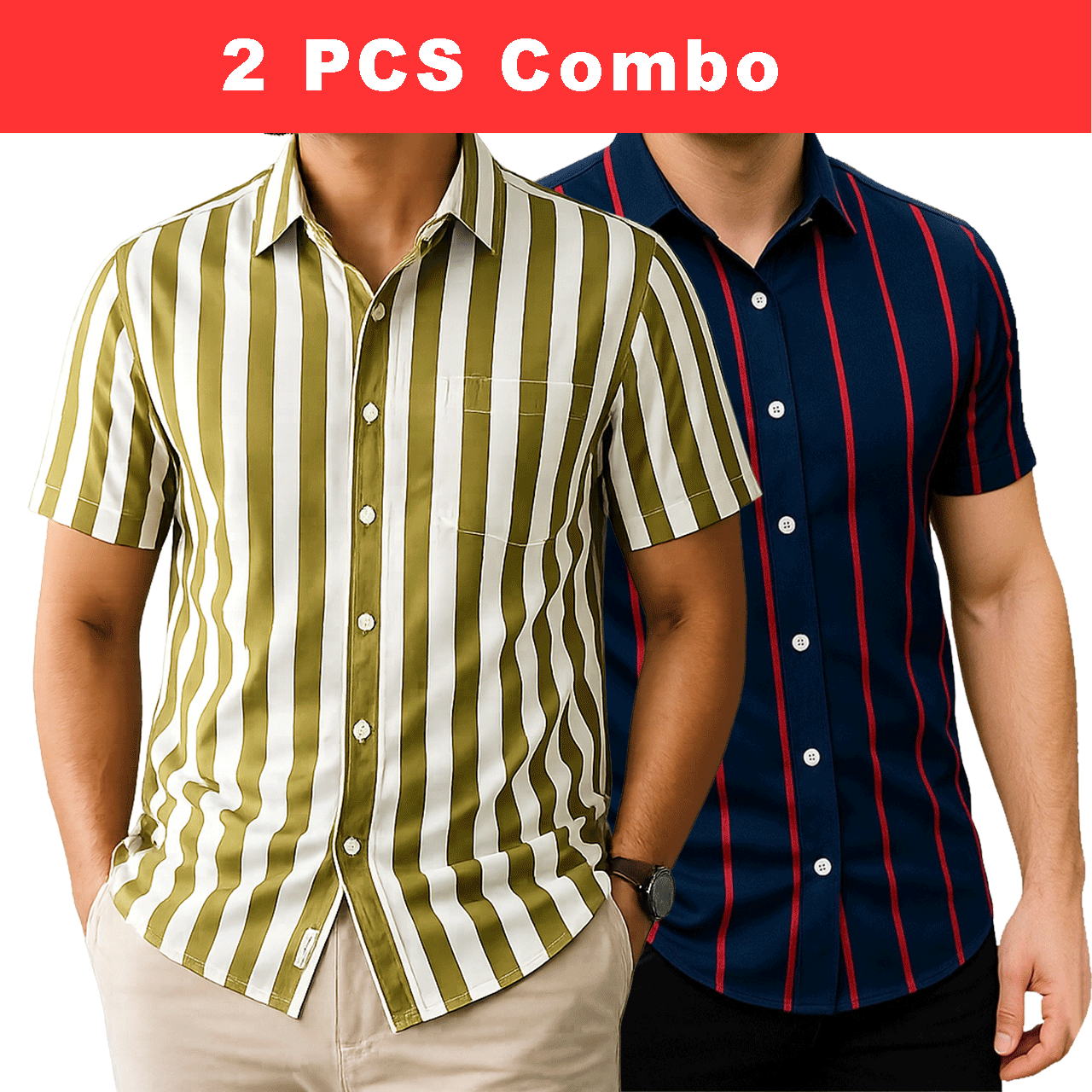 2 Pcs Half Sleeve Print Shirt- Lemon+Blue Red Big