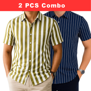 2 Pcs Half Sleeve Print Shirt- Lemon+Blue Small