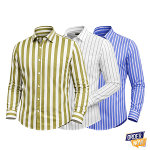3 Pcs Stripe Full Sleeve Shirt- Lemon+WhiteSmall+SkySmall