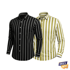 2 Pcs Stripe Full Sleeve Shirt- Lemon+BlackBig