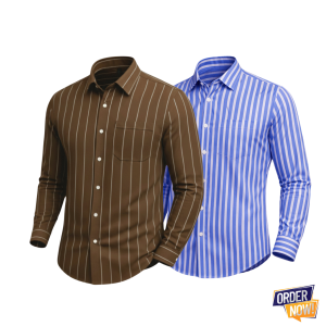 2 Pcs Stripe Full Sleeve Shirt- SkySmall+Brown