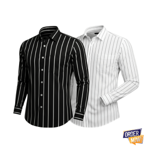 2 Pcs Stripe Full Sleeve Shirt- WhiteSmall+BlackBig