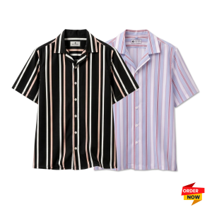 2 Pcs Cuban Print Half Shirt-Black+Ash
