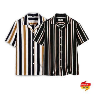 2 Pcs Cuban Print Half Shirt-Black+Kathal