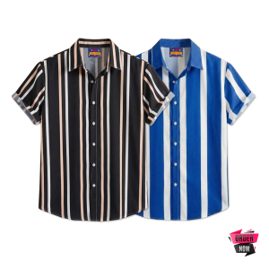 2 Pcs Linen Print Half Shirt-Black+Petrol