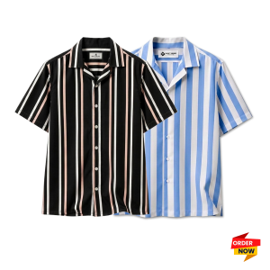 2 Pcs Cuban Print Half Shirt-Black+Sky