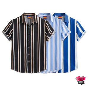 3 Pcs Linen Print Half Shirt-Black+Sky+Petrol