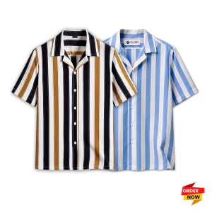 2 Pcs Cuban Print Half Shirt-Kathal+Sky