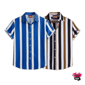 2 Pcs Linen Print Half Shirt-Petrol+Kathal