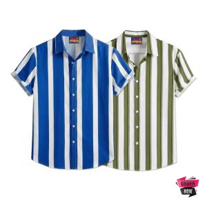 2 Pcs Linen Print Half Shirt-Petrol+Lemon