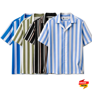 4 Pcs Cuban Print Half Shirt-Petrol+Lemon+Black+Sky