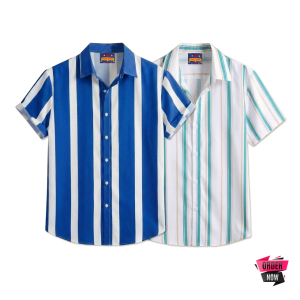 2 Pcs Linen Print Half Shirt-Petrol+Pest