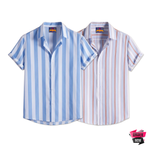 2 Pcs Linen Print Half Shirt-Sky+Ash