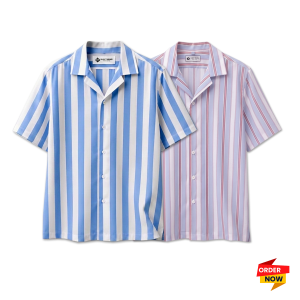 2 Pcs Cuban Print Half Shirt-Sky+Ash