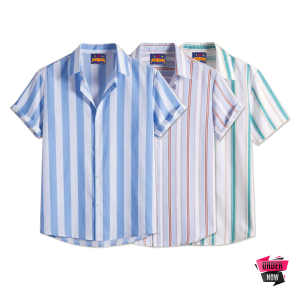3 Pcs Linen Print Half Shirt-Sky+Pest+Ash