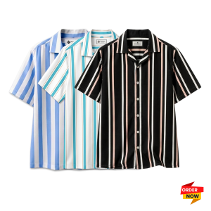 3 Pcs Cuban Print Half Shirt-Sky+Pest+Black