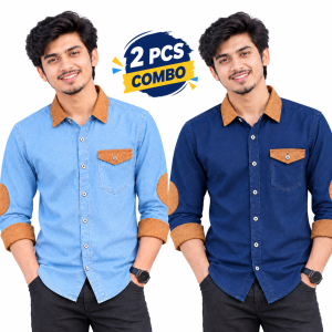 2 Pcs Denim SP Contrast Full Sleeve Shirt-Sky+Navy