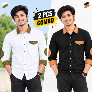 2 Pcs Denim SP Contrast Full Sleeve Shirt- Black +White