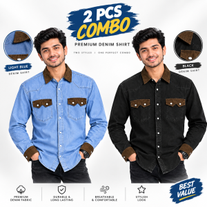 2 Pcs Denim DP Contrast Full Sleeve Shirt- Sky+Black