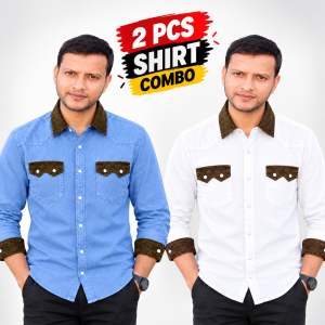 2 Pcs Denim DP Contrast Full Sleeve Shirt- Sky+White