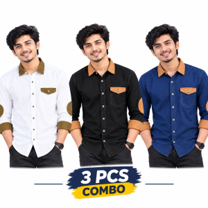 3 Pcs Denim SP Contrast Full Sleeve Shirt- Black +White+Navy