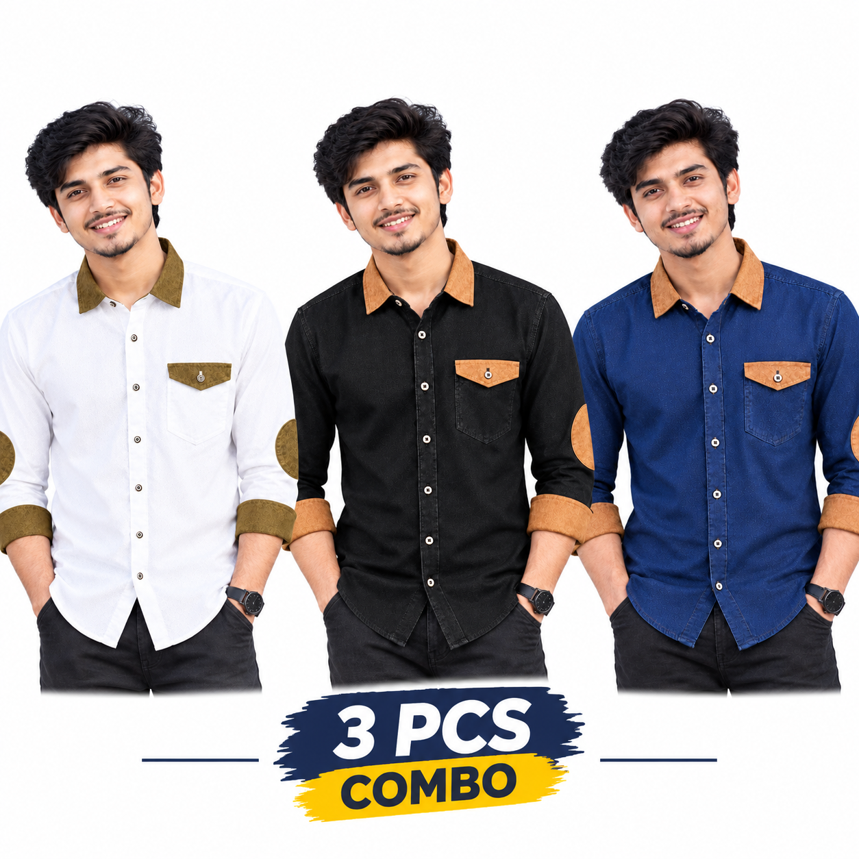 3 Pcs Denim SP Contrast Full Sleeve Shirt- Black +White+Navy