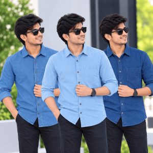3 Pcs Denim Full Sleeve Single Poket- Sky+Navy+Light Sky