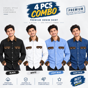 4 Pcs Denim DP Contrast Full Sleeve Shirt- Black +White+Sky+Navy